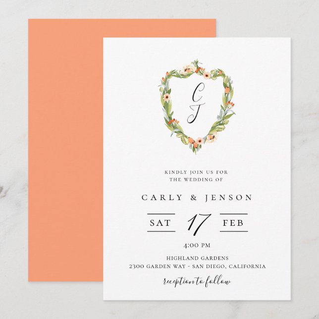 Elegante Escudo floral Invitación a la boda (Anverso / Reverso)