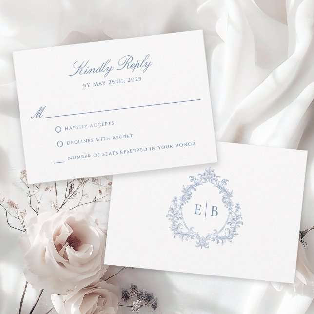 Elegante Escudo formal Dusty Azul Monograma RSVP (Subido por el creador)