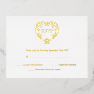Elegante Escudo Monograma Boda Tarjetas RSVP Gold