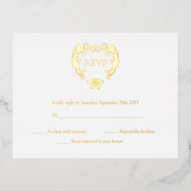 Elegante Escudo Monograma Boda Tarjetas RSVP Gold (Anverso)