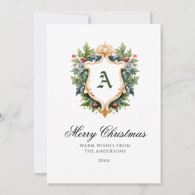 Elegante Escudo Monograma Navidad Tarjeta (Anverso)