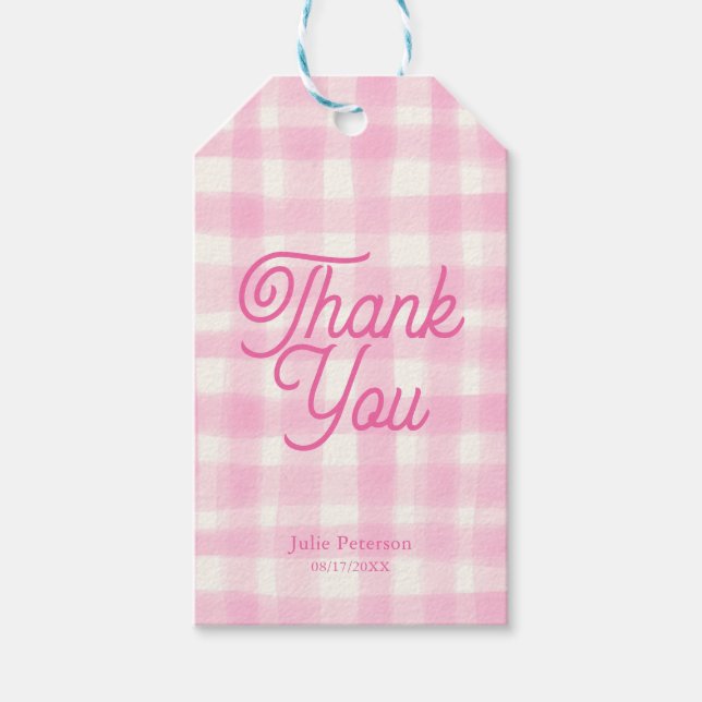 Elegante etiqueta de agradecimiento de gingham ros (Anverso)