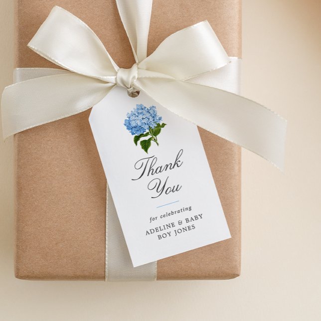 Elegante etiqueta de agradecimiento para baby show (paper baby shower favor gift tag with elegant fonts and blue hydrangea blossom)