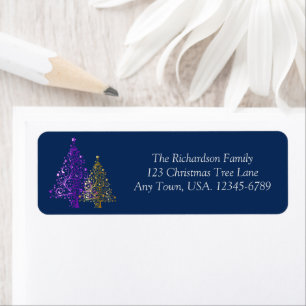 Elegante etiqueta de árbol de Navidad morado y dor