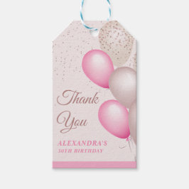 Elegante etiqueta de cumpleaños con globos de rosa