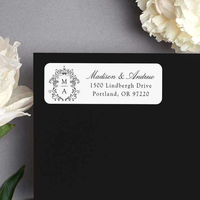Elegante etiqueta de dirección de boda con monogra (Subido por el creador)
