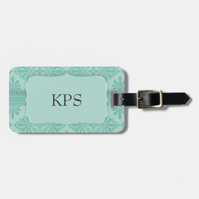 Elegante etiqueta de equipaje ornamental Verde azu (Frente Horizontal)