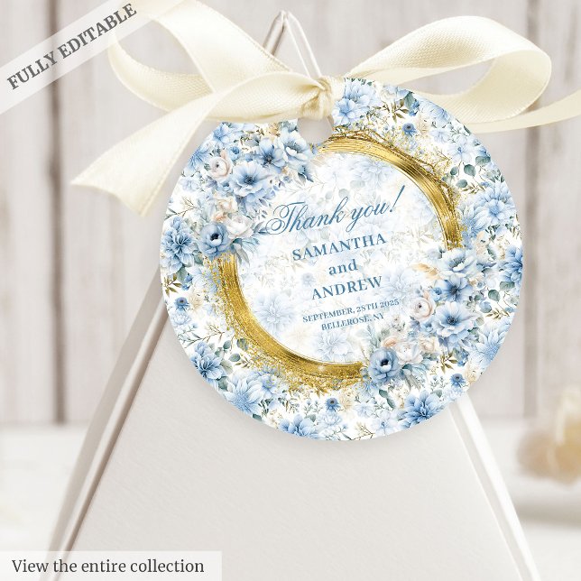 Elegante etiqueta de favorito de Boho Dusty Blue G (Stylish Boho Dusty Blue Gold Wedding Favor Tag)