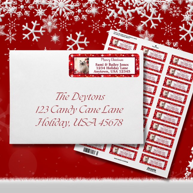 Elegante etiqueta de foto de vacaciones en rojo y  (Elegant Red and White Stars  Holiday Envelope Label)