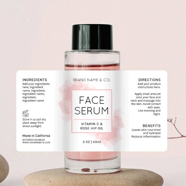 Elegante Etiqueta de frasco cosmético Rubor de la  (Feminine cosmetic bottle wrap around label with pink watercolor background and modern layout)