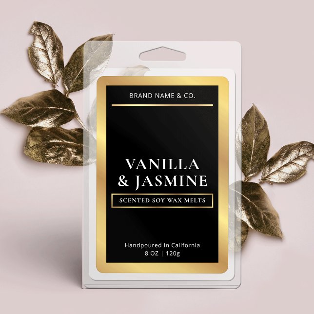 Elegante Etiqueta de mezcla de lino negro y oro (Elegant black and gold wax melts rectangle labels with gold foil effects)