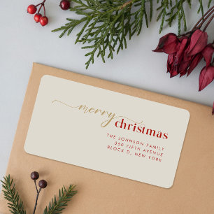 Elegante Etiqueta de Navidad con Letra Dorada Roja