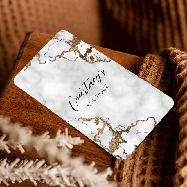 Elegante Etiqueta de precio de la ropa de mármol d (Elegant black marble and faux gold product hang tags with price and size table on the back)