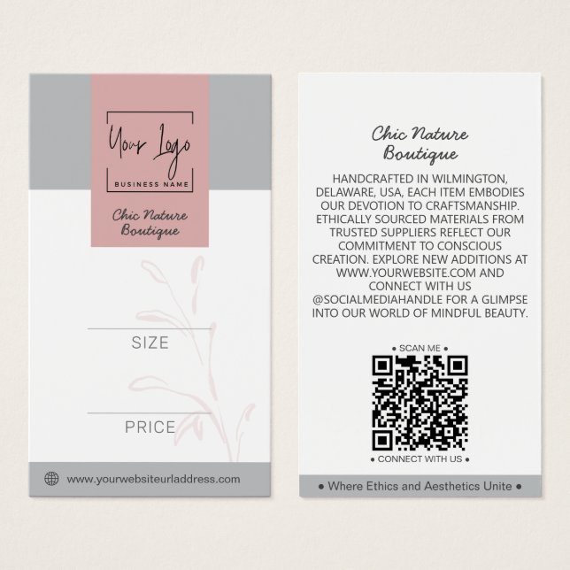 Elegante etiqueta de precio QR botánico rosa y gri (Anverso y reverso)