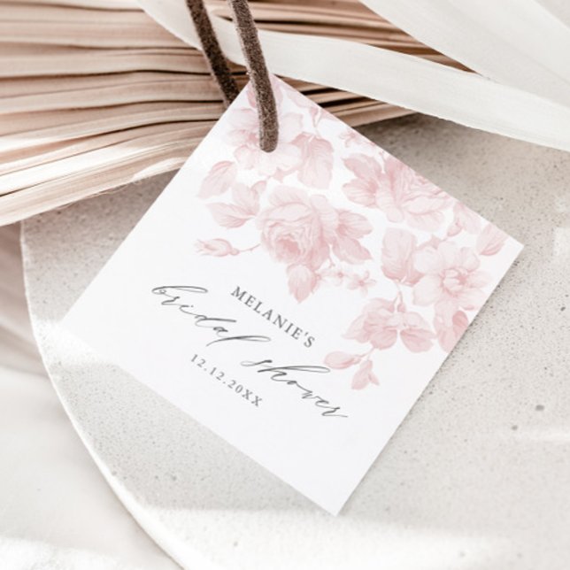 Elegante etiqueta de regalo para fiesta de novia e (Elegant floral pink roses bridal shower favor tag.)