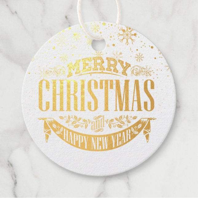 Elegante etiqueta dorada de Navidad con copos de n (Anverso)