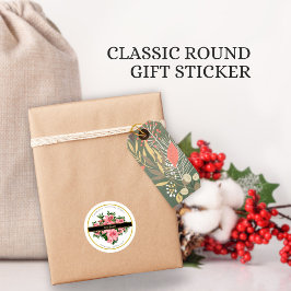 Elegante etiqueta floral roja con nombre comercial