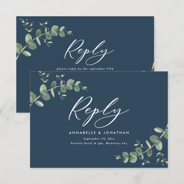 Elegante eucalipto azul Boda verde RSVP (Anverso / Reverso)