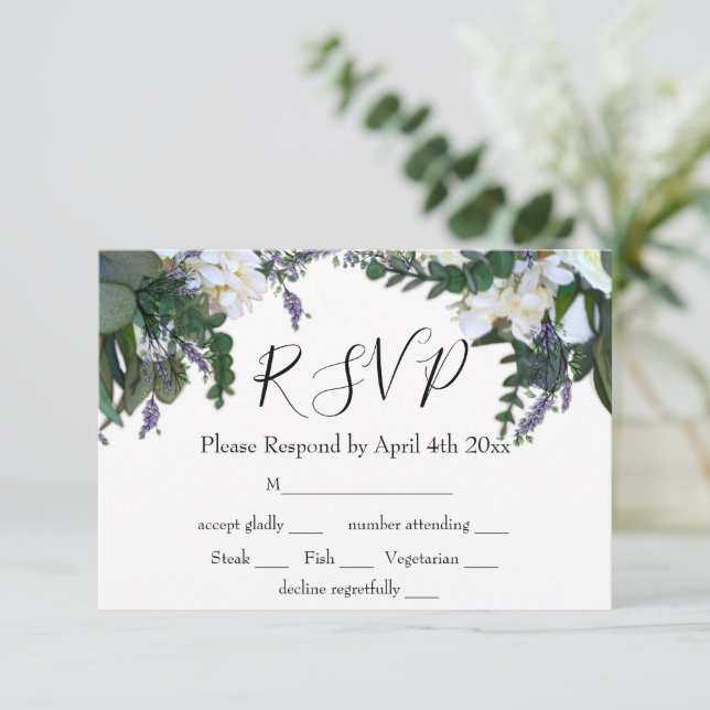 Elegante eucalipto blanco floral lavanda RSVP (Anverso de pie)