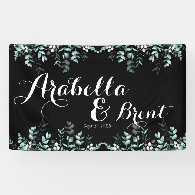 Elegante eucalipto deja pancarta negra Boda (Horizontal)
