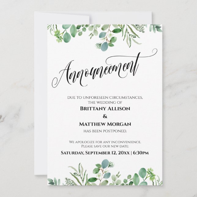 Elegante Eucalipto Invitación Boda pospuesta (Anverso)