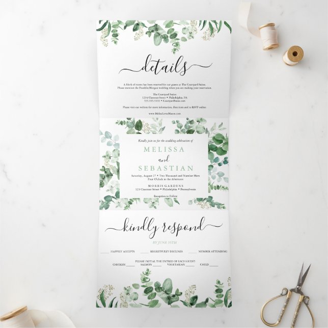 elegante eucalipto tríptico verde boda invitati (Interior)