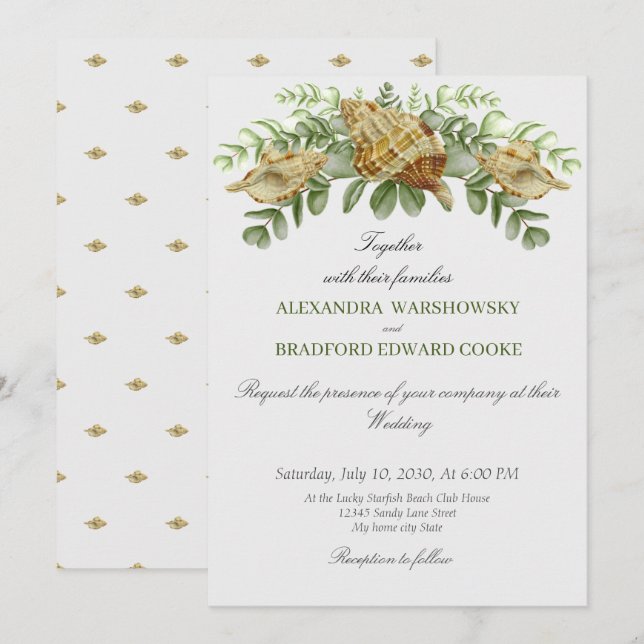 Elegante Eucalipto y Invitación a la Boda Marítima (Anverso / Reverso)