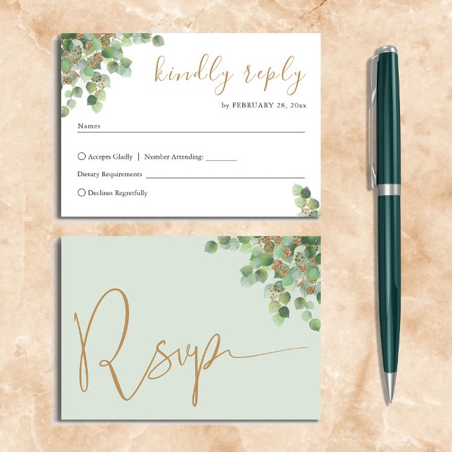 Elegante Eucalyptus Botánico Greenery Gold RSVP (Subido por el creador)
