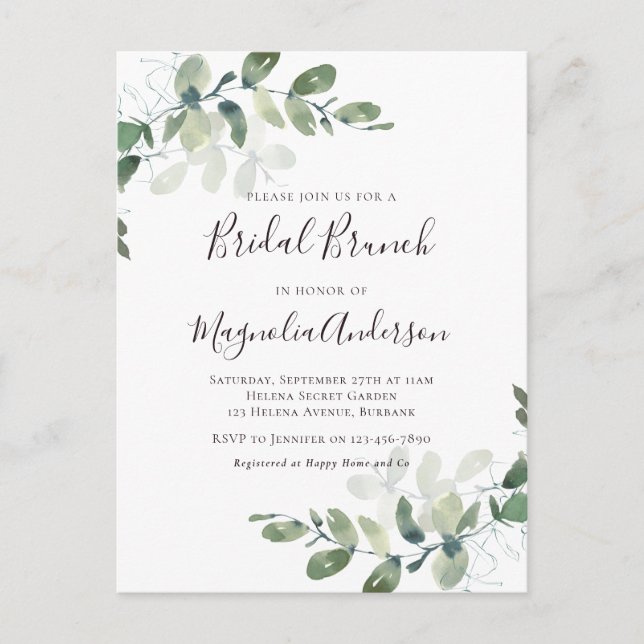 Elegante Eucalyptus Bridal Brunch Invitación Postc (Anverso)