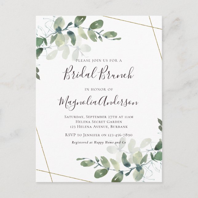 Elegante Eucalyptus Bridal Brunch Invitación Postc (Anverso)