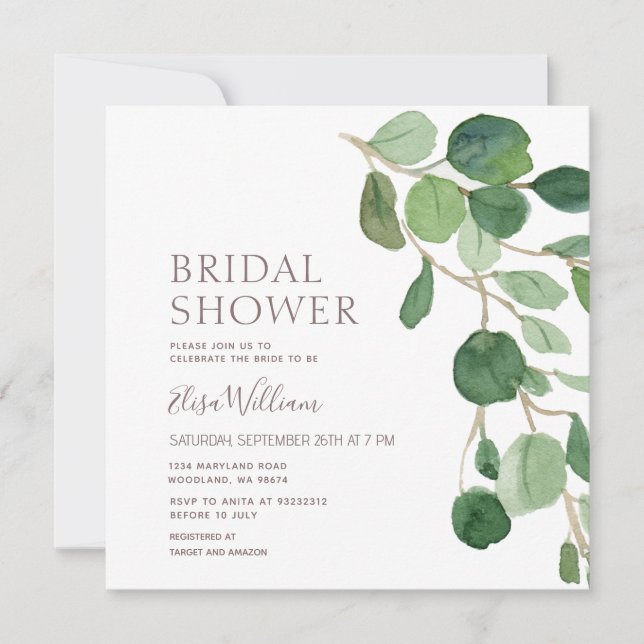 Elegante Eucalyptus Bridal Shower Invitación (Anverso)