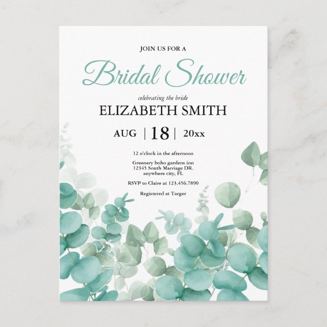 Elegante Eucalyptus Bridal Shower Invitación (Anverso)