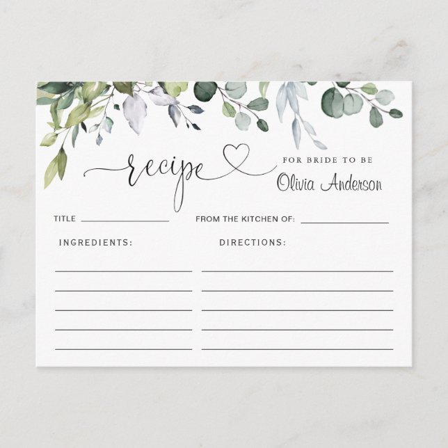 Elegante Eucalyptus Bridal Shower Tarjeta de Recet (Anverso)