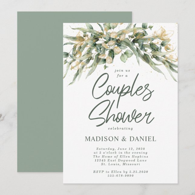 Elegante Eucalyptus deja a las parejas Invitación  (Anverso / Reverso)