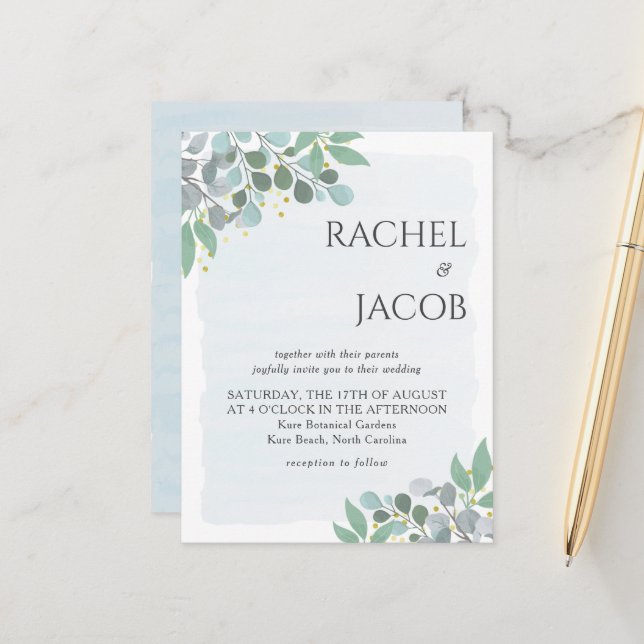 Elegante Eucalyptus Dusty Blue Wedding Invitación (Anverso/Reverso In Situ)