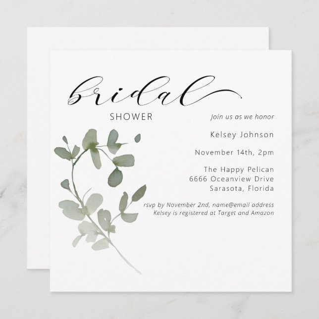Elegante Eucalyptus Floral Bridal Ducha Invitación (Anverso / Reverso)