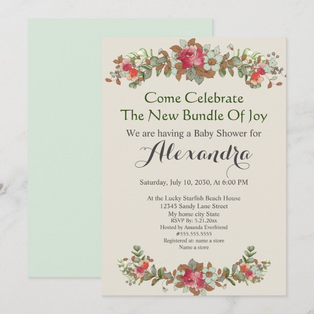 Elegante Eucalyptus Floral Mint Green Baby Shower (Anverso / Reverso)