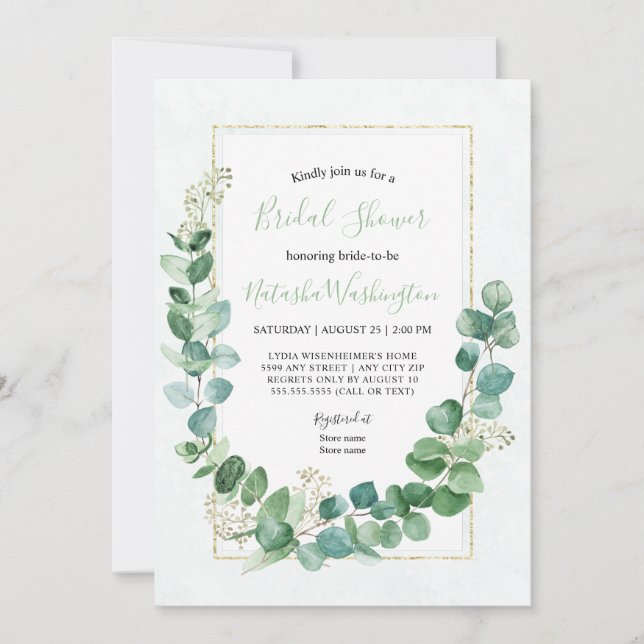 Elegante Eucalyptus Gold Bridal Ducha Invitación (Anverso)