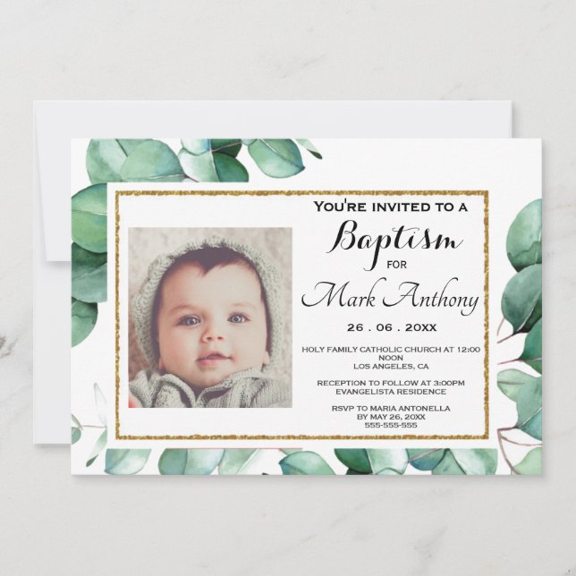 Elegante Eucalyptus Greenery Baptism Invitación (Anverso)