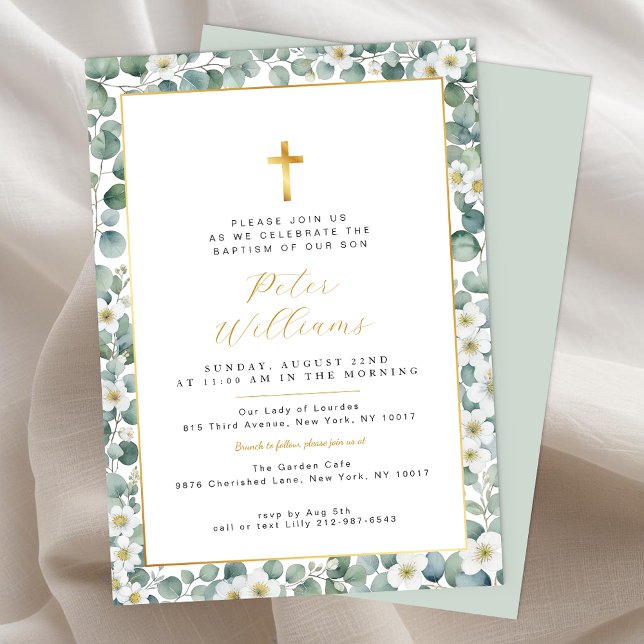 Elegante Eucalyptus Greenery Baptism Invitación (Gold Cross Eucalyptus Baptism Invitation)