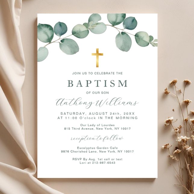 Elegante Eucalyptus Greenery Baptism Invitación (Baptism Invitation)