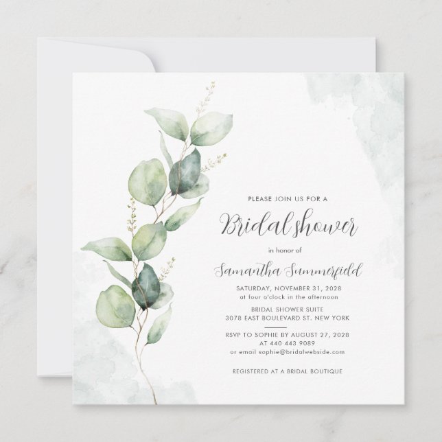 Elegante Eucalyptus Greenery Bridal Shower Invita (Anverso)