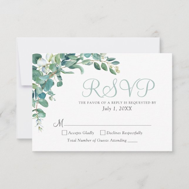 Elegante Eucalyptus Greenery deja matrimonio RSVP (Anverso)