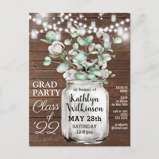Elegante Eucalyptus Mason Jar GRAD Foto Invitación (Anverso)