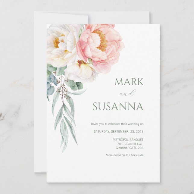 Elegante Eucalyptus Peonies Invitación a la Boda (Anverso)