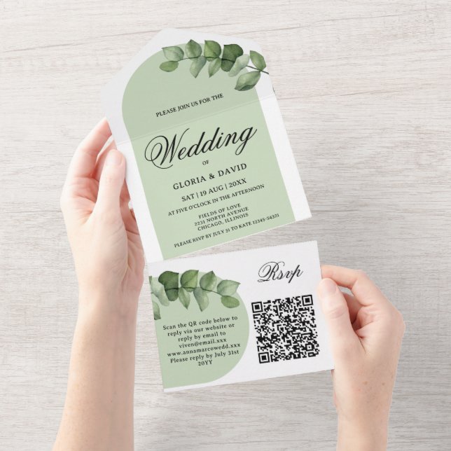 Elegante Eucalyptus QR Code Todo En Una Invitación (desgarro)