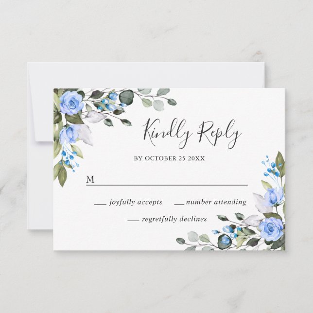 Elegante Eucalyptus Rosas Azules Boda Tarjeta RSVP (Anverso)