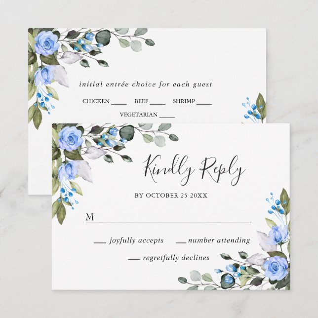 Elegante Eucalyptus Rosas Azules Boda Tarjeta RSVP (Anverso / Reverso)