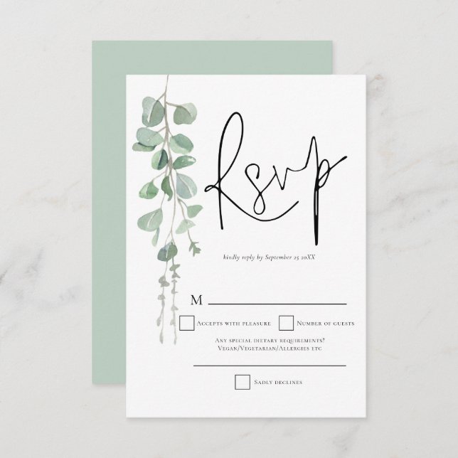 Elegante Eucalyptus Script Wedding RSVP (Anverso / Reverso)