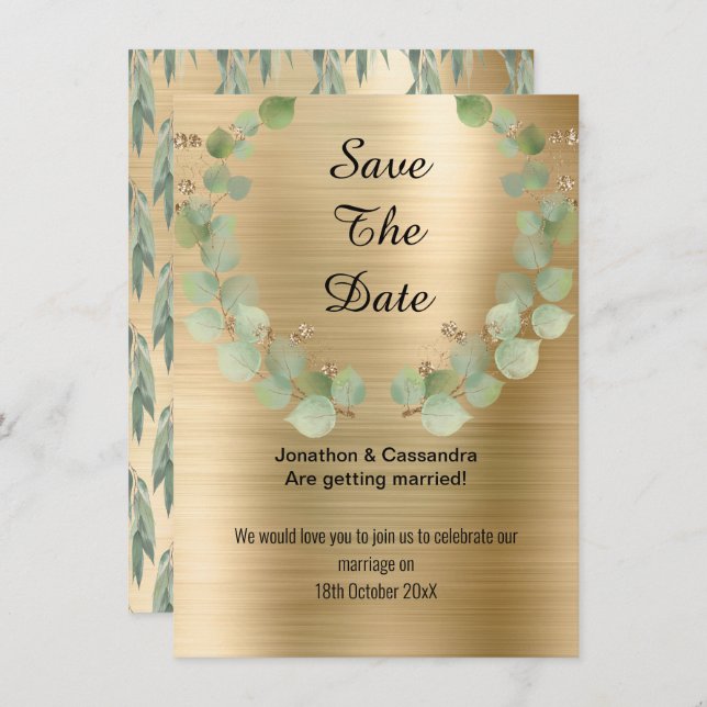 ELEGANTE EUCALYPTUS WREATH SAGE GOLD SAVE LA FECHA (Anverso / Reverso)